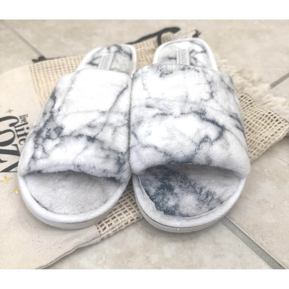PJ Salvage Womens Marble Print Faux Fur Slide Slippers White Grey Size L
